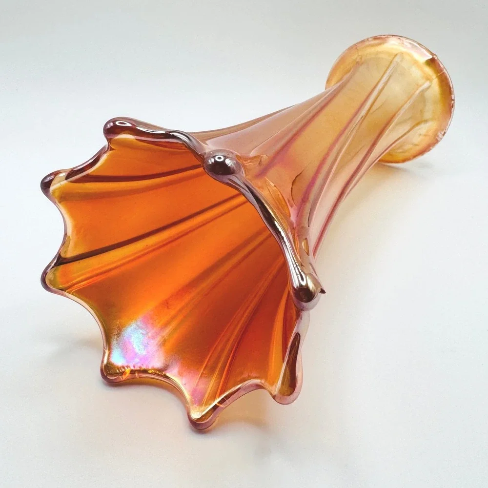Antique Northwood Thin Rib Marigold Carnival Glass Vase Ruffled Rim c1910